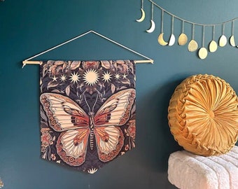 Retro Boho Cottagecore wall art, Mystical Sun big butterfly Pennant, earth tone Mystical wall hang,  home decor, hippies wall decor gift