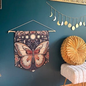 Retro Boho Cottagecore wall art, Mystical Sun big butterfly Pennant, earth tone Mystical wall hang,  home decor, hippies wall decor gift