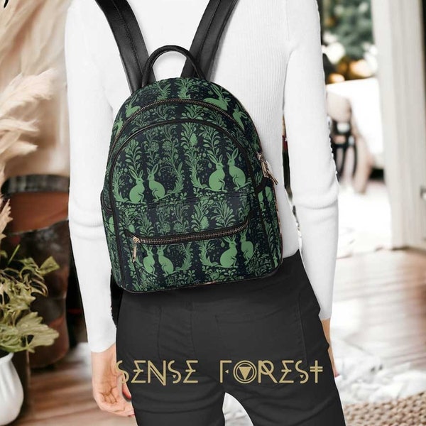 Cottagecore Green Forest Rabbit backpack, Vintage Lino Print Animal Women vegan leather bag, Scandinavian Nature back to school day pack