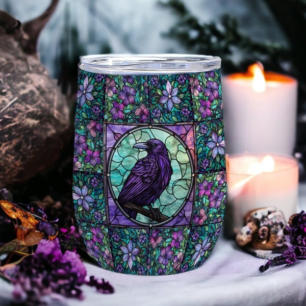 Witchy Gothic Stained Glass Raven 12 oz Stainless Steel Insulated Wine Tumbler with Leak Proof Lid Cup, Crow Outdoor drinking Travel Mug