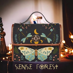 Cottagecore butterfly Forest Canvas Satchel bag, women Witchy moon crossbody purse, cute vegan leather handbag goth bag, hippies boho gift