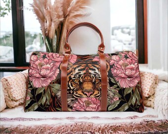 Maximalist Peony Tiger Waterproof Travel Bag, animal print forest duffle bag with shoulder strap vegan leather handles, boho Hippies gift