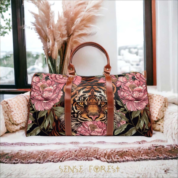 Maximalist Peony Tiger Waterproof Travel Bag, animal print forest duffle bag with shoulder strap vegan leather handles, boho Hippies gift