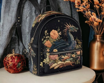 Dark academia Medieval floral Black  Mini backpack, Fantasy dragon book lover Vegan leather PU  Backpack, back to school day pack