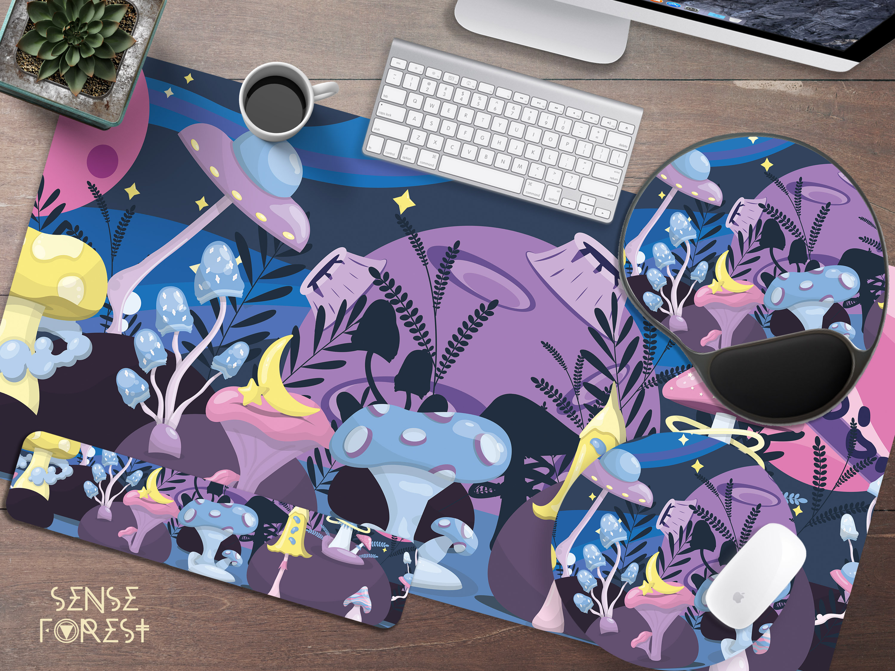 Ergonomic mouse pad wrist rest extended mose pad cute Kawaii Goth Witch Moth purple blue desk mat extra large gaming desk pad