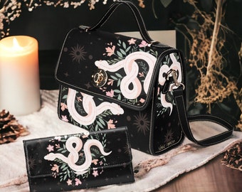 Cottagecore Boho Snake Canvas Satchel bag, Women Mystical witch crossbody purse, Black vegan leather strap handbag goth bag,  boho gift