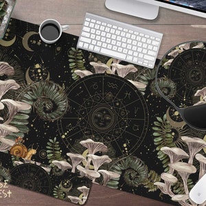 Dark Cottagecore desk mat,  Witchy mushroom gaming mousepad, Forest extended mousepad, gamer desk setup, tarot mat, Green with altar decor