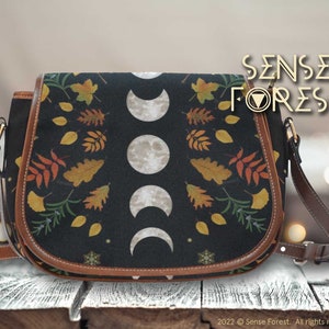 Fall leaves Moon Phase Canvas saddle bag, Dark cottagecore Green witch Halloween crossbody bag Vegan leather trims Boho Hippies gift