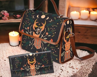 Mystieke kever Canvas Satchel tas, Cottagecore Moon Forest Witch crossbody portemonnee, veganistische lederen riem handtas goth tas, hippies boho cadeau