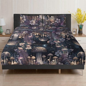 Dark Cottagecore mushroom moon forest Witchy 3 Pcs Beddings, Oddities Dark academia bedroom decor, Witchy duvet cover pillowcase set