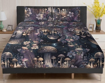 Dark Cottagecore mushroom moon forest Witchy 3 Pcs Beddings, Oddities Dark academia bedroom decor, Witchy duvet cover pillowcase set