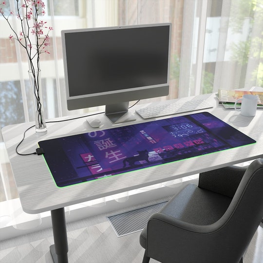 Neon purple Tokyo desk mat RGB, LED gaming mousepad with Changing lights