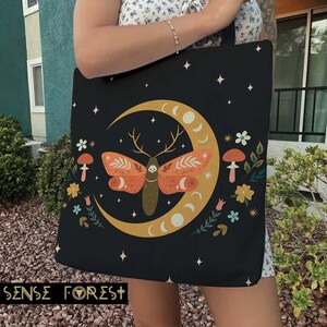 Kawaii Death head moth Witchy Tote Bag, Boho Black Moon phase boho forest witch tote bag, Fairycore large Polyester tote bag, hippies gift