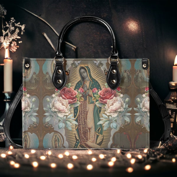 Sac à main fourre-tout Renaissance Vierge Marie en cuir végétalien, sac à bandoulière bohème bohème spirituel spirituel sombre rétro, cadeau sac à main sacré catholique