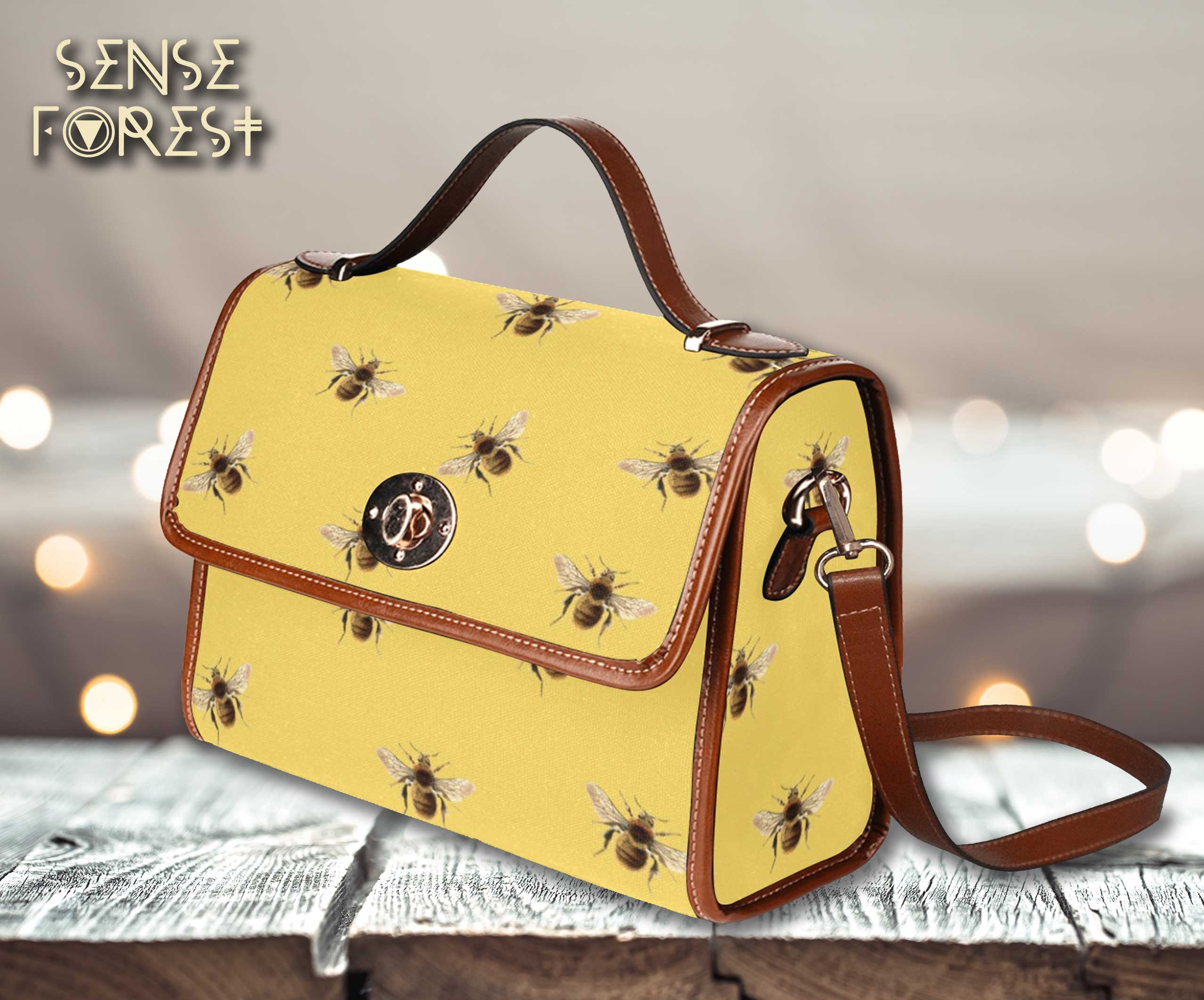 Honey Bee Shoulder Purse, Cute Bumble Yellow White Vegan Leather Top Handle Handbag Print Small Bag Women Ladies Designer