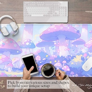 Rainbow pastel mushroom forest desk mat anime, Cute cottagecore extended mouse pad RGB, extra large pink fairy gaming mousepad wrist rest