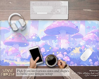 Rainbow pastel mushroom forest desk mat anime, Cute cottagecore extended mouse pad RGB, extra large pink fairy gaming mousepad wrist rest