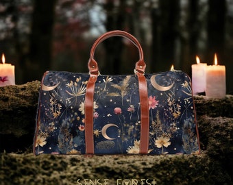 Cottagecore Celestial wildflower Waterproof Travel Bag, Moon star night sky large duffle bag with shoulder strap & vegan leather handles