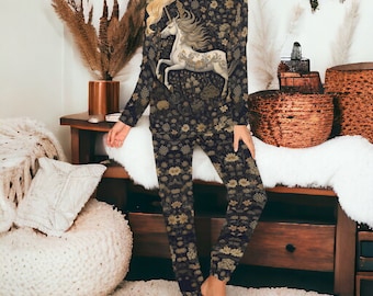 Dark Academia Cottage Vintage Einhorn Kunst PJ Set, Witchy Goth Pull-Over Lounge Pyjamas Geschenk, Wildblumen Fairycore Junggesellinnenabschied