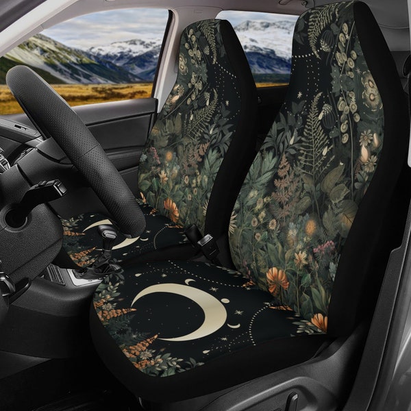 Lush green forest moon phase Car seat covers, Nature lover Front & back Full set Witchy car seat protector, Boho car seat covers accessories