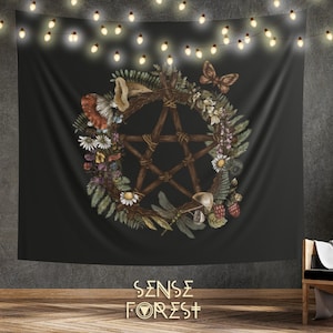 Green witch Forest mushroom Pentagram wall tapestry, Witchy Boho Indoor Wall Tapestry, Cute dorm room wall decor,  multiple sizes wall art