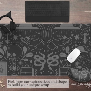 Spooky cute goth sewn edges Gamer Mouse pad, Dark grey kawaii witchy gaming desk mat, extended extra large mousepad Ergonomic wrist rest