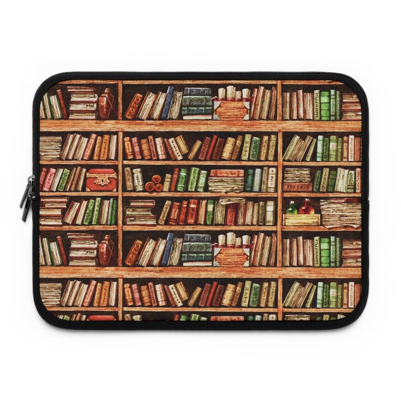 Bookcore library bookshelf laptop sleeve, Dark academia iPad tablet cover, laptop travel case padded bag, book lover reader bookworm gift 13"