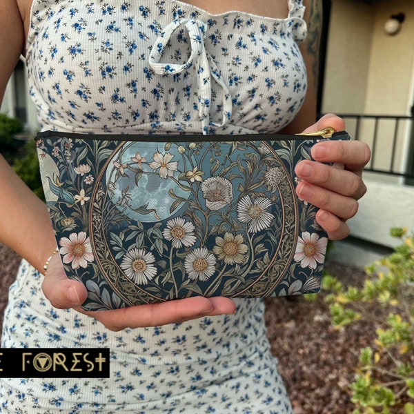 Maximalist Cottagecore T flat pouch, Moon Daisy floral makeup cosmetic bag, Teal green Zipper Pouch, Pencil Pouch, Toiletry Travel Organizer