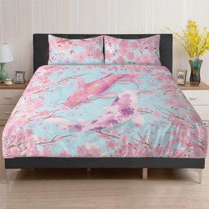 Kawaii Pink Mint Japanese 3 Pcs Beddings, Koi Fish Cherry blossom bedroom decor, Cute turquoise anime sakura duvet cover pillowcase set