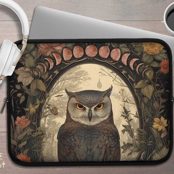 Owl Moon Dark academia botanical laptop sleeve, Cottagecore witchy laptop case iPad tablet cover, laptop travel case, laptop padded bag