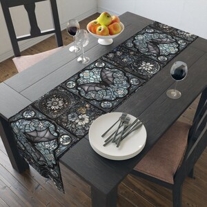 Gothic Bat Blue Stained Glass Dinner Table Runner, Whimsy Goth Witchy ...