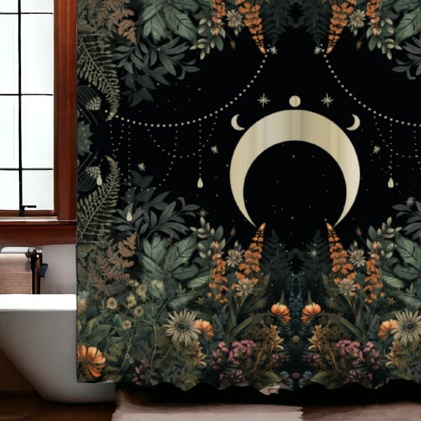 Forest witch big moon cottagecore botanical Bath Shower Curtain with 12 C-shaped Hooks 69" x 70", whimsy goth witch bathroom decor gift