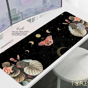 Witch Desk Mat, Moon phase moth garden witchy tarot mat, extended gaming mousepad extra large, occult aesthetic mouse pad wrist rest