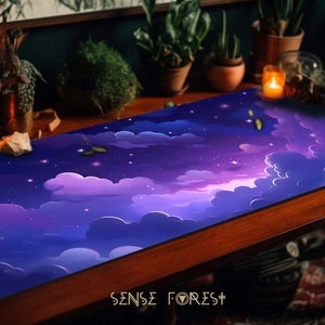 Purple Starry sky cute cloud PU leather desk mat, Kawaii violet universe XXL gaming mouse pad RGB, Mystical Ergonomic mousepad wrist rest