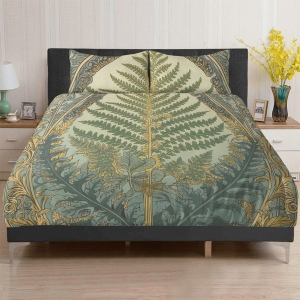 Épée fougère feuille verte sauge forêt 3 pièces de literie, décoration de chambre à coucher Cottagecore menthe, sorcière verte plante amoureux de la nature housse de couette taie d'oreiller