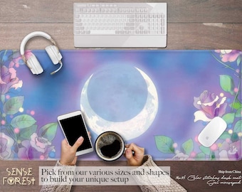 Pastel Purple Anime Large desk mat RGB, Big Moon Rose Cute gaming mouse pad, 90s Anime Aesthetic Gaming Desk pad, Ergonomic wrist rest pad