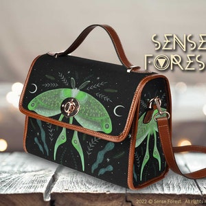Mystical Luna Moth Canvas Satchel bag, Cottagecore Forest Witch crossbody purse, vegan leather strap handbag goth bag, hippies boho gift