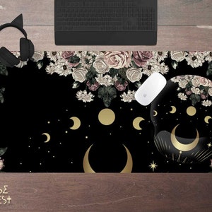 Cottagecore Rose Moon Phase desk mat, Stitched edges witchy mouse pad gaming, Wicca tarot alter mat, Ergonomic wrist rest gel mousepad