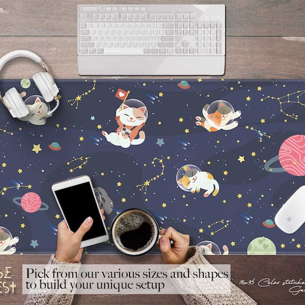 Kawaii Space Cats Desk Mat, Astronaut Cats Desk Mat, Extra Large Desk Pad Cute, Kawaii Aesthetic Cute Office Accessories, Extended Mousepad