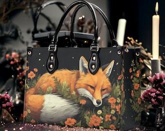 Cottagecore Forest Sleepy fox top handles Vegan leather Tote purse handbag, Animal floral zipped shoulder bag, Whimsical crossbody bag gift
