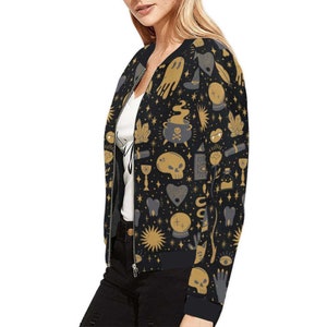 Kawaii Goth Witchy elements Women's Bomber Jacket, Spooky ghost cute witchy all over printed women Full zip jacket with pockets