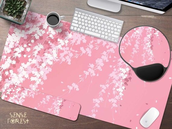 Tapis de bureau rose japonais, tapis de souris de jeu xxl mignon de fleur  de cerisier