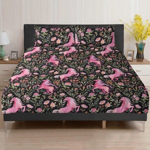 Maximalist Cottagecore Pink floral pony 3 Pcs Preppy Beddings, Horse flower art bedroom decor, Horse watercolor duvet cover pillowcase set