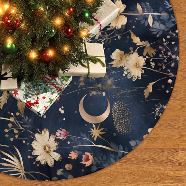 Dark Cottagecore WIldflower moon star boho witchy Christmas Tree Skirt, Whimsical floral celestial Navy winter holiday tree skirt