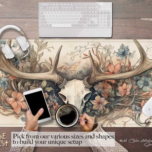 Deer skull Antler desk mat Boho, Beige Cottagecore mouse pad, PU leather animal bone desk mat mousepad, Gel ergonomic wrist rest mousepad