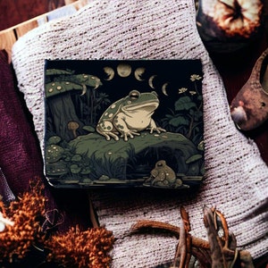 Goblincore Cute Green moon Frog Mini Vegan Leather Small Wallet, Witchy Whimsy Goth Compact slim Credit Card organizer case Holder Purses