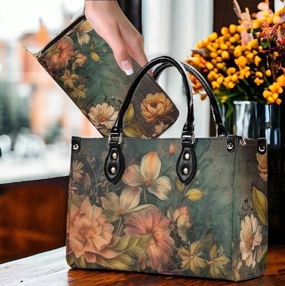 Witchy Oil Paint Floral Dark Academia Top Handles Vegan Leather Handbag Purse With Shoulder Strap Teal Crossbody Bag Retro Hippies Gift Etsy