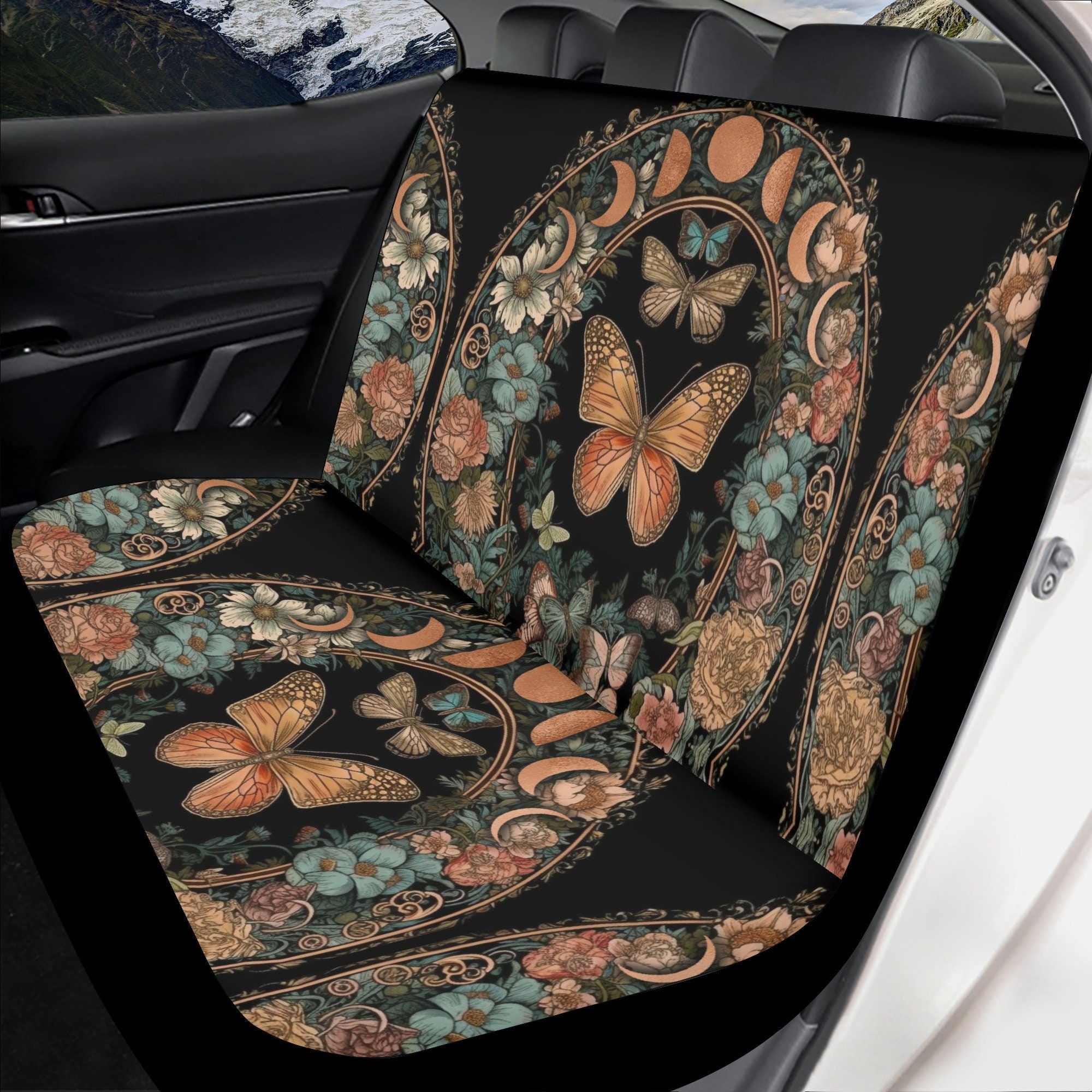 Discover Boho red moon wildflower daisy moth Car Seat Cover Set, Witchy gypsy, Whimsical Car interior decor, car accessories