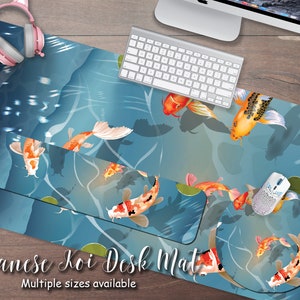 Cute Japanese Koi Fish Desk Mat, Fishes in river desk mat, xxl anime gaming mouse pad, aesthetic desk mat wrist rest, kawaii round mosue pad