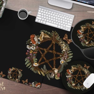 Pentagram Desk Mat, Mystical Forest Witch Mushroom wreath Witchcraft Tarot mouse pad, Kawaii Goth Gaming Desk Pad, Witch Desk Accessories